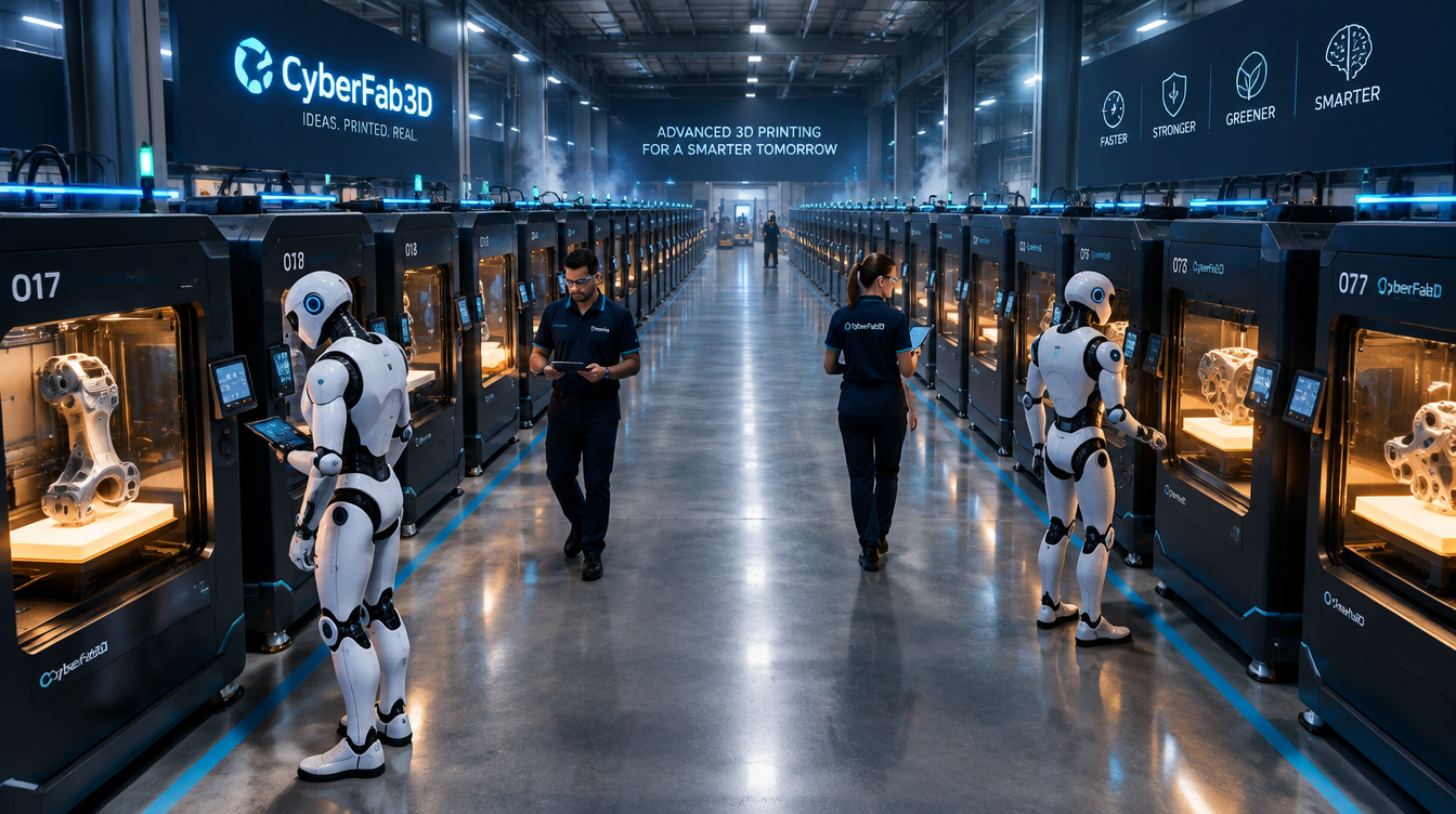 CyberFab3D print floor with rows of 3D printers, two robots and two technicians