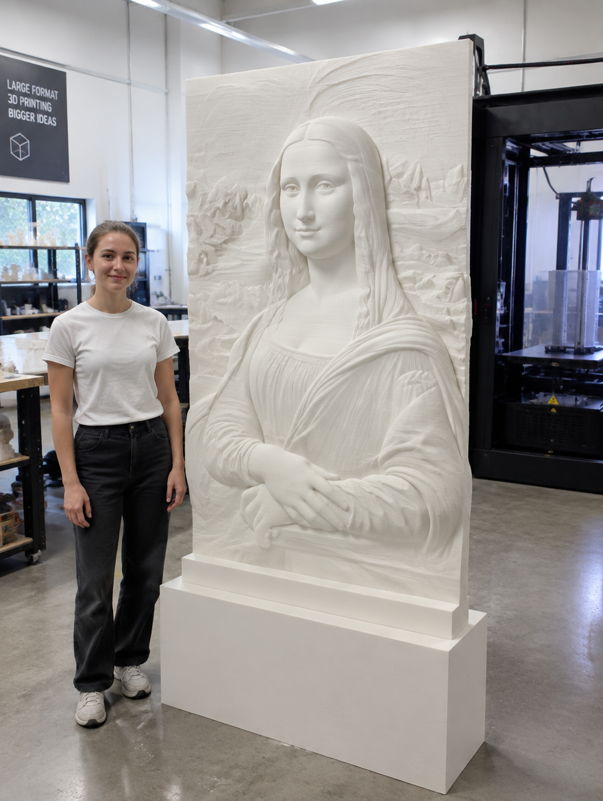 Large-format 3D-printed relief sculpture in porcelain-white finish