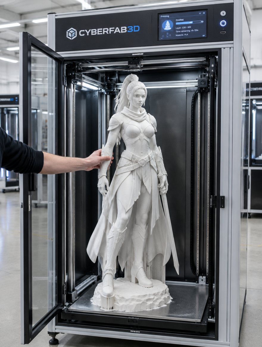 CyberFab3D large-format printer mid-print of a life-size statue
