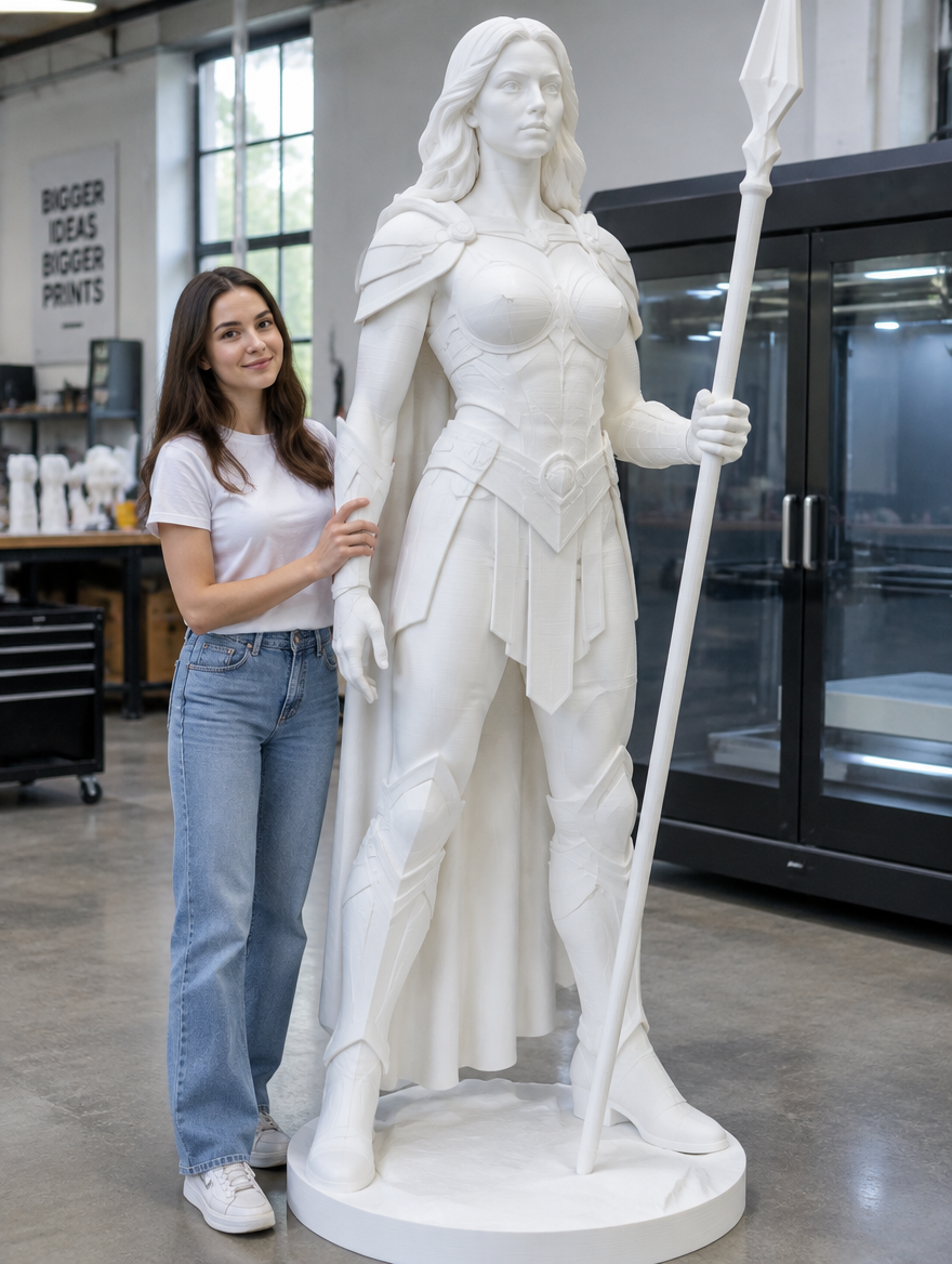 Life-size 3D-printed statue in uncolored matte white PLA